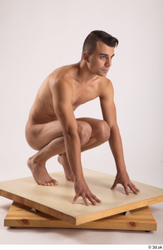 Whole Body Man White Nude Slim Kneeling Studio photo references